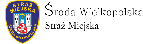 Po lewej stronie złota otoczka w kształcie herbu z zaokrąglonymi górnymi rogami, wypełniona ciemnoniebieskim tłem. W centrum herb Miasta Środa Wielkopolska. Nad herbem złoty napis STRAŻ MIEJSKA, pod herbem złoty napis ŚRODA WIELKOPOLSKA. Po prawej stronie od grafiki zapis w dwóch liniach Środa Wielkopolska Straż Miejska